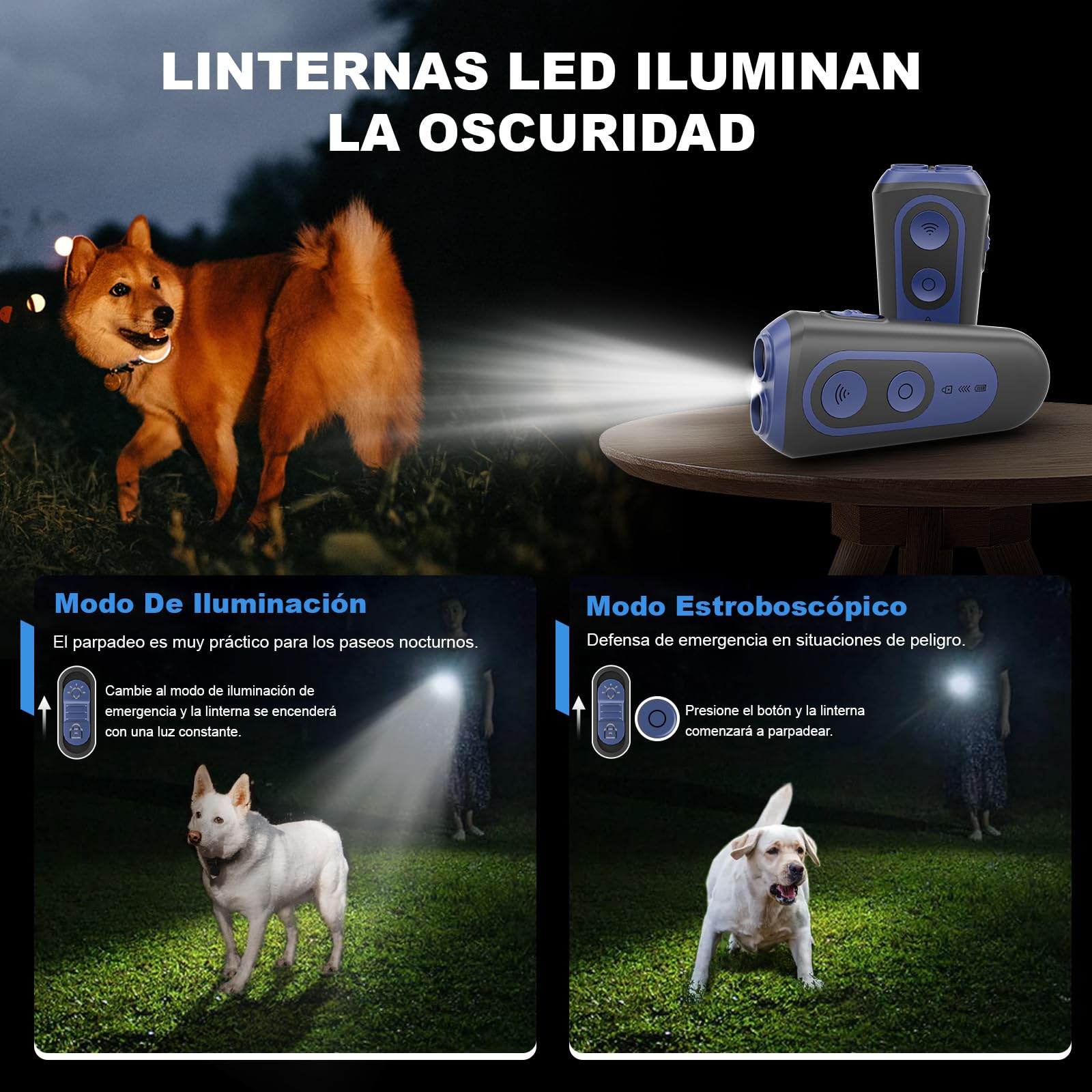 Ahuyentador de Perros, Antiladridos para Perros Ultrasónicos 3 Modos, Dispositivo Seguro y Humano para Detener Ladridos, Alcance 15M, Portátil con Linterna LED, para Perros Pequeños, Medianos y Grande