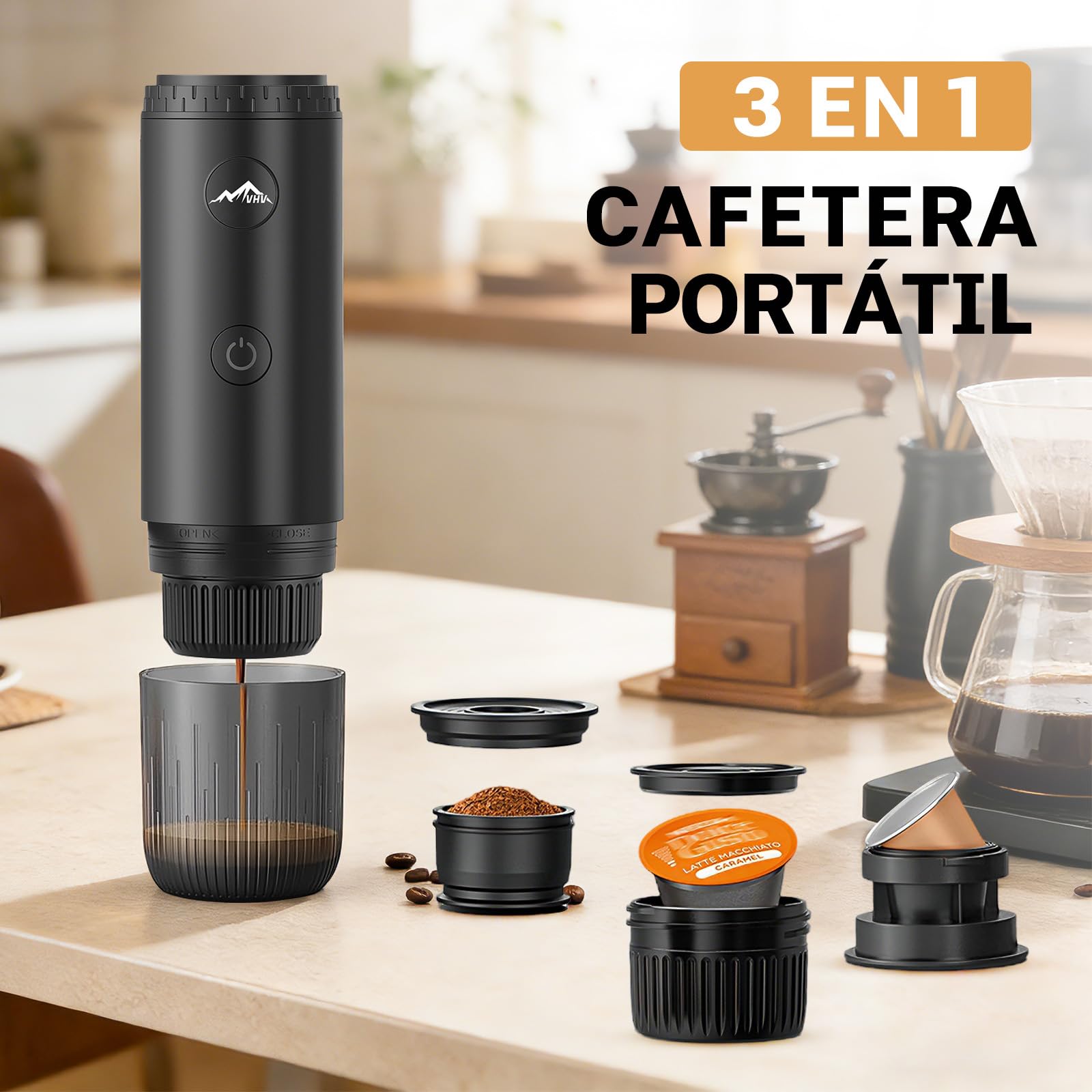 VHV Cafetera Portátil, Cafetería Portátil 3 en 1 Compatible con Cápsulas Espresso y Café en Polvo, Recargable para Viaje, Camping, Coche, Casa (Rojo)