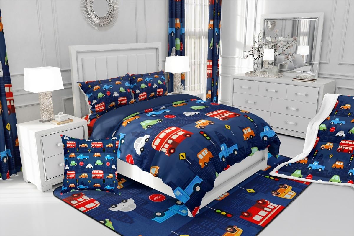 Erosebridal Kids Cartoon Cars Queen Bedspread Set, Cute Bus Truck Vehicles Quilt Set for Bedroom, Street Lights Signage Microfiber Coverlet Set & Bedspread for Kids Boys, Kawaii Cars Bedding Set