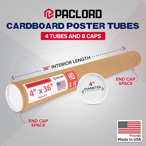 Miniatura 112 de Tubos de correo de papel kraft reforzado de 3 x 24 pulgadas, paquete de 4 tubos con 2 tapas cada uno, tubo de cartón fabricado en Estados Unidos
