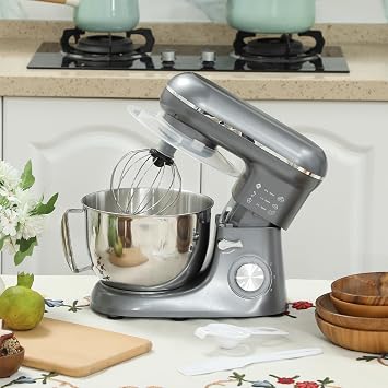 High-Power Multifunctional Chef Machine, 1300W with 4.5-Liter Stainless Steel Basin, Includes Egg Beater, Noodle Hook, Agitator, 6-Speed and Pulse Mode