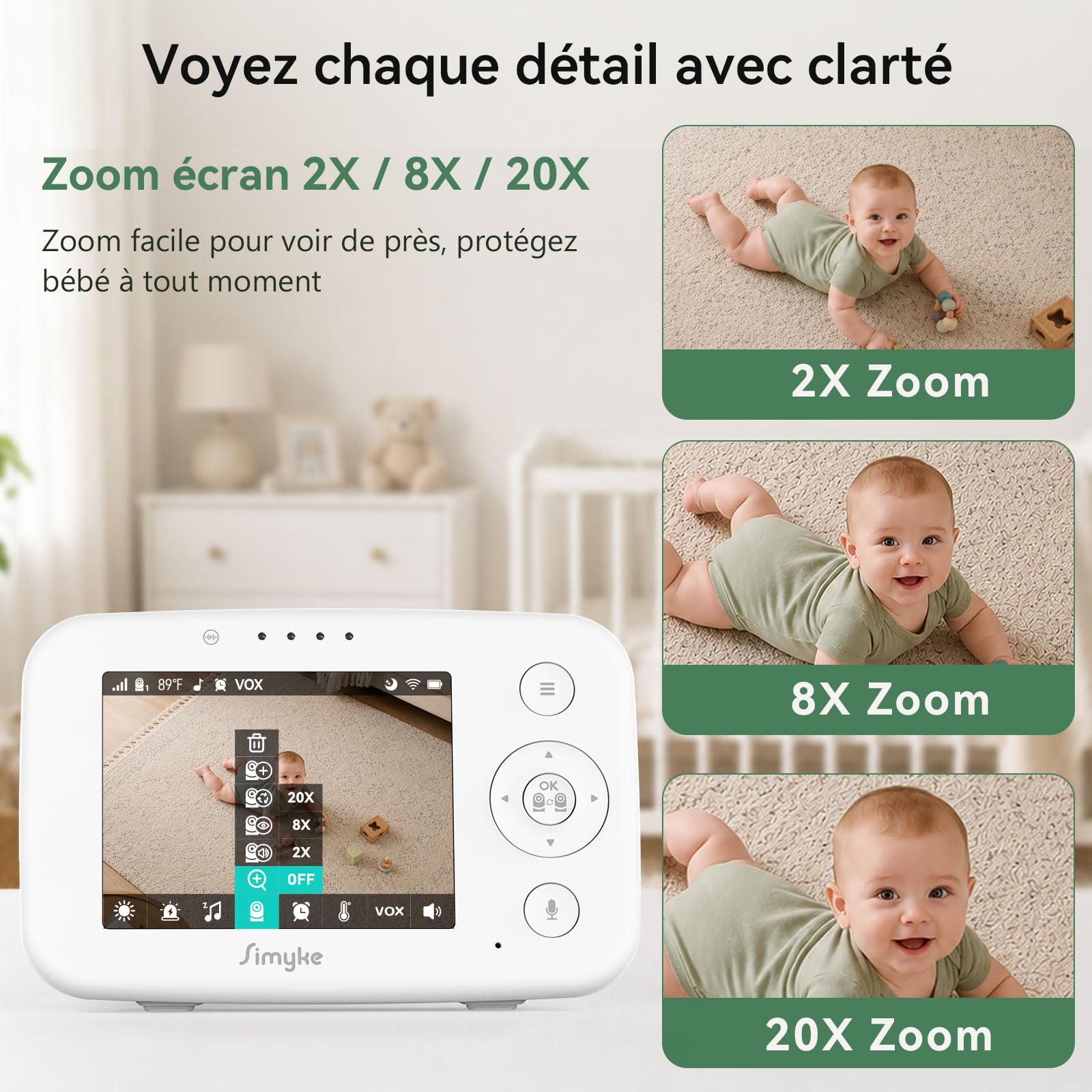 Simyke Babyphone Caméra Bébé Écran 3,5" & Caméra 1080P HD, Connexion WiFi Smartphone & Liaison Hors WiFi, Vision Nocturne, Zoom, VOX 20h Autonomie, Détection Intelligente, Stockage Local & Cloud