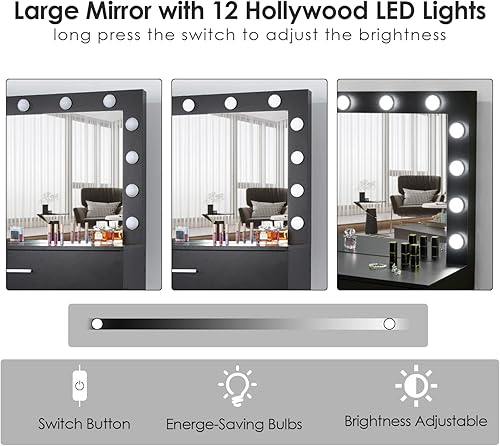 Miniatura 6 de Vabches Tocador con espejo iluminado, juego de tocador de maquillaje con taburete de almacenamiento, mesa de maquillaje con cajón grande, mesa de