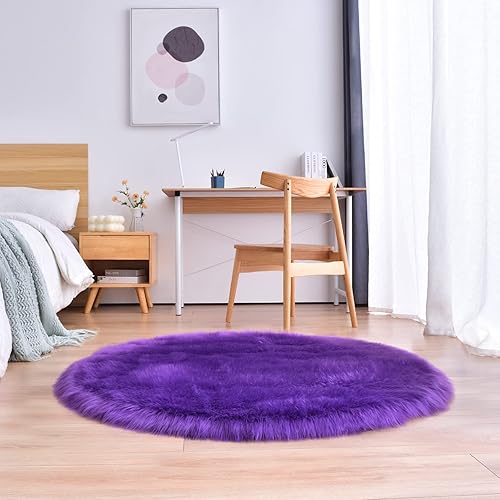 Miniatura 6 de duduta Alfombras redondas de piel sintética morada de 4 x 4 pies alfombras circulares de piel de oveja esponjosa para guardería dormitorio sala de