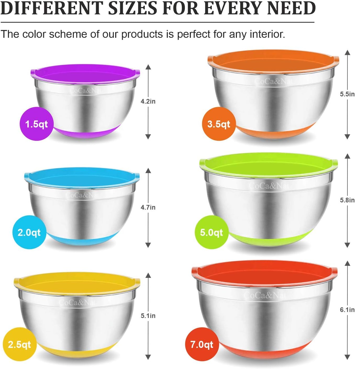 Stainless Steel Mixing Bowls with Lids Set of 6, Size 7/5/3, 5/2.5/2/1, 5 QT, 20 PCS Mixing Bowl Set and Magnetic Measuring Spoons, Colorful Non-Slip Bottoms metal mixing bowls with Airtight Lids: Kitchen & Dining