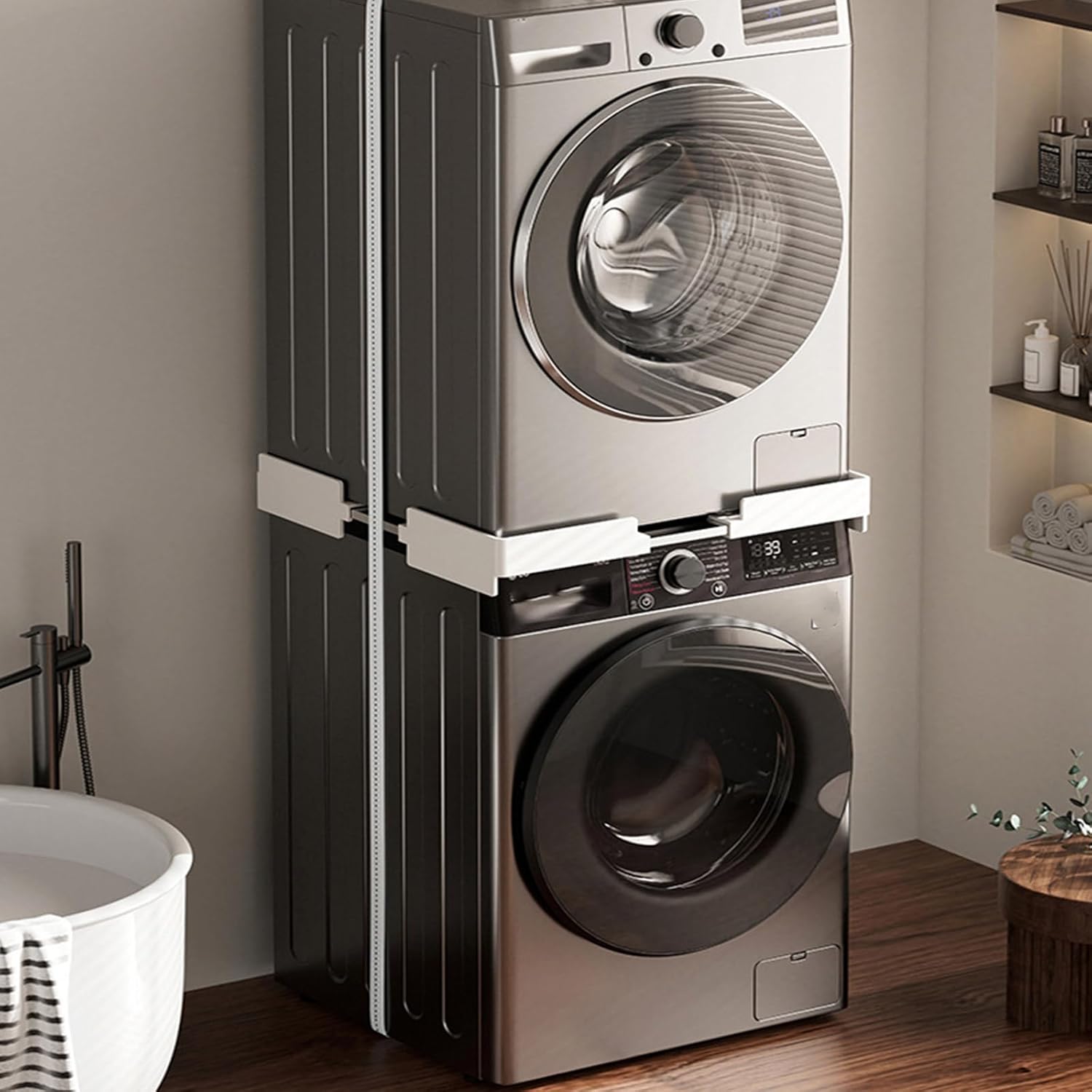 Heavy Duty Stackable Laundry Rack Noise-Reducing Washer Dryer Frame Adjustable Fridge Base with Removable Drying Shelf Retractable Drying Rack Laundry