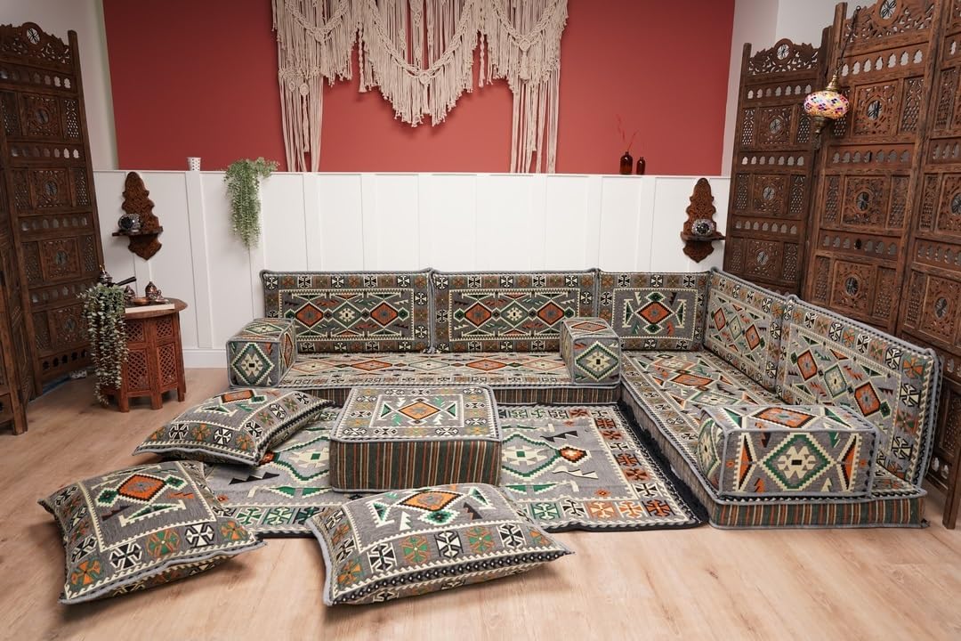 arabicsofa L Shaped Jalsa Floor Seating Set – Handmade Arabic Majlis with Backrest Pillows