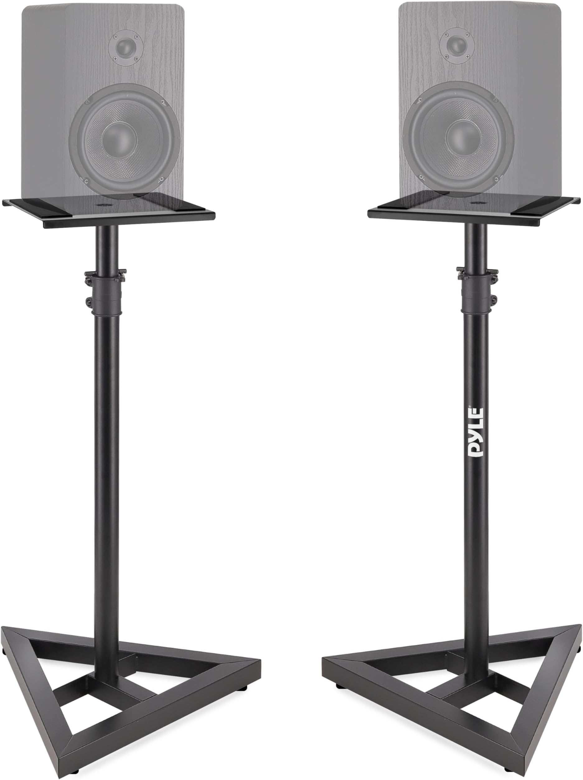 Pyle Speaker Stand Pair of Sound Play 1 and 3 Holder - Telescoping Height Adjustable from 26” - 52” Inch High Heavy Duty Three-point Triangle Base w/ Floor Spikes and 9” Square Platform, Black