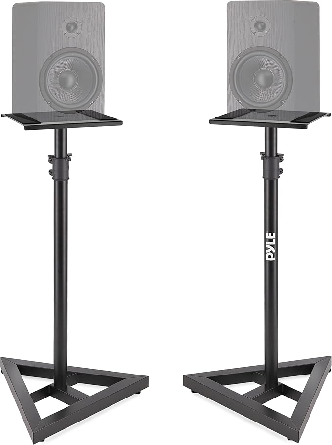 Pyle Support d’Enceinte Télescopique Réglable – Pied de Sol Robuste avec Base Triangulaire à Trois Pointes et Plateau Carré, Noir