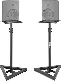 Pyle Speaker Stand Pair of Sound Play 1 and 3 Holder - Telescoping Height Adjustable from 26” - 52” Inch High Heavy Duty Three-point Triangle Base w/Floor Spikes and 9” Square Platform