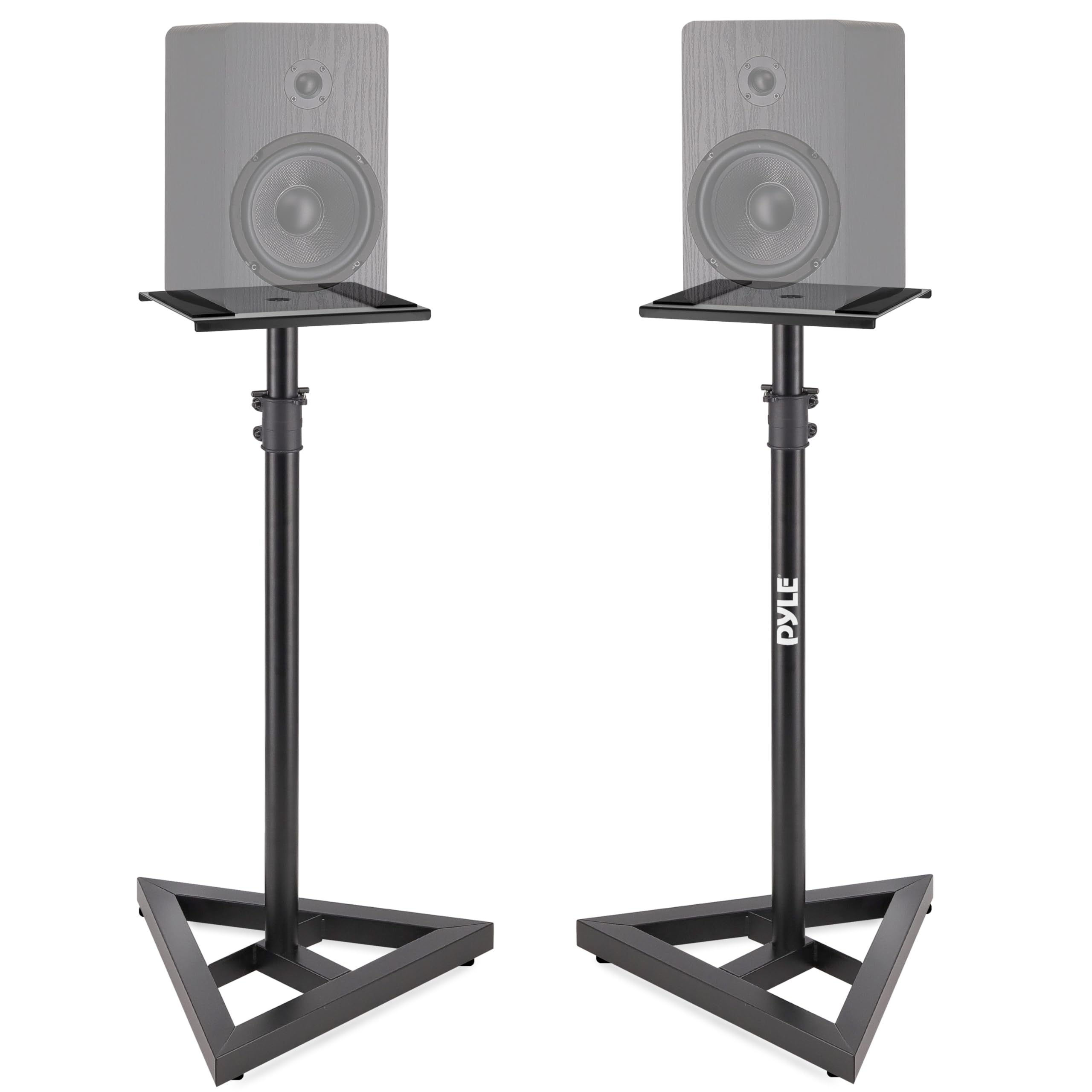 PyleSpeaker Stand Pair of Sound Play 1 and 3 Holder - Telescoping Height Adjustable from 26” - 52” Inch High Heavy Duty Three-point Triangle Base w/Floor Spikes and 9” Square Platform, Black
