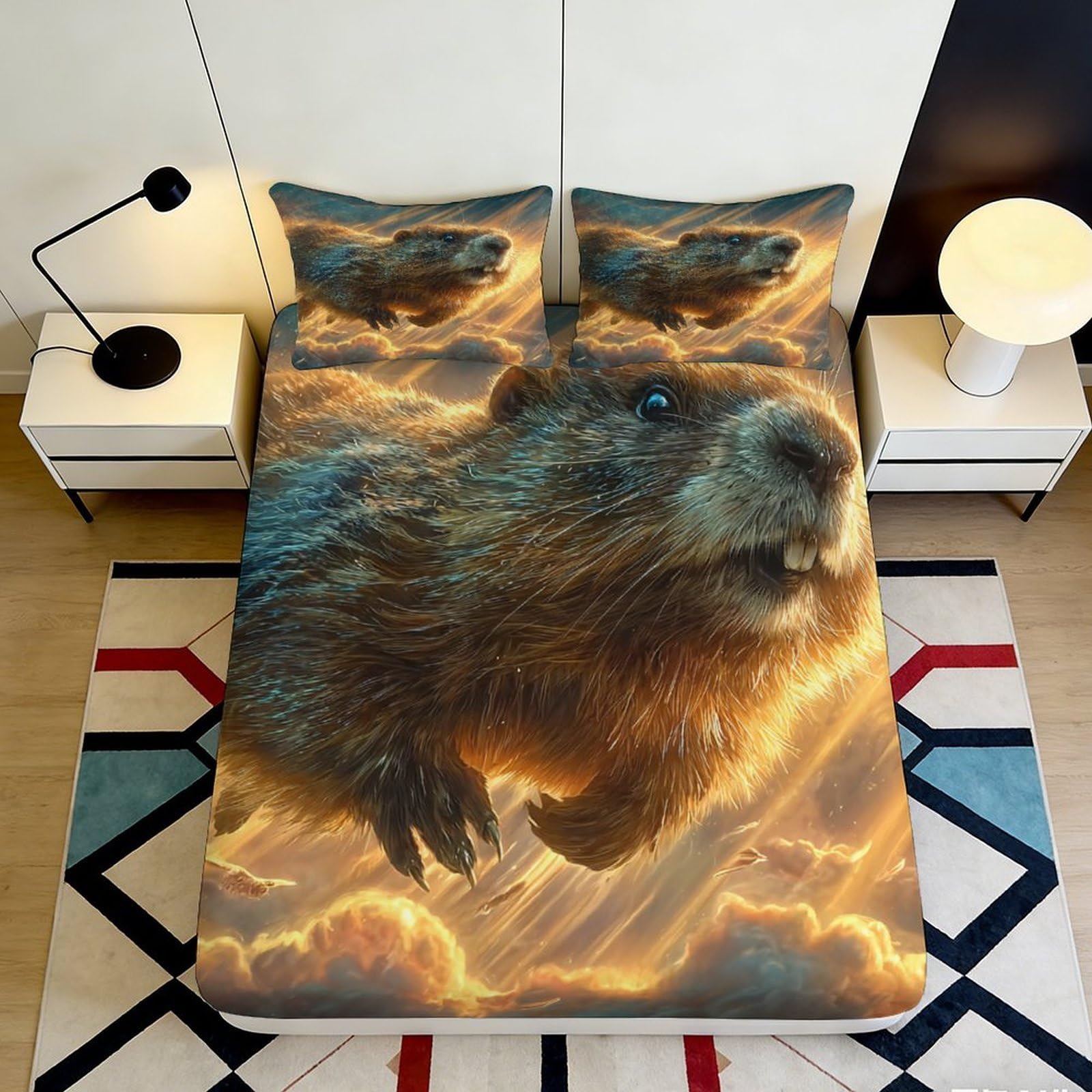 3D Printed Beaver Animal Fitted Sheet Microfiber Soft Durable 3D Printed Sunset Sky Bed Cover for Bedroom Dormitory Guest Room Mattress Protection 120x200x25cm