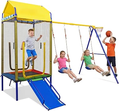 Costzon 5-in-1 Kids Swing Set with Trampoline, Roof, Heavy-Duty A-Frame Metal Outdoor Swing Sets for Backyard, 2 Belt Swings, Slide, Ladder, Basketball Hoop, Playground Toys for Children Aged 8+