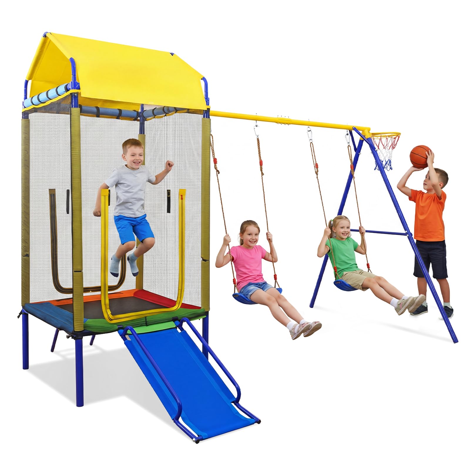 Amazon.com: Costzon 5-in-1 Kids Swing Set with Trampoline, Roof