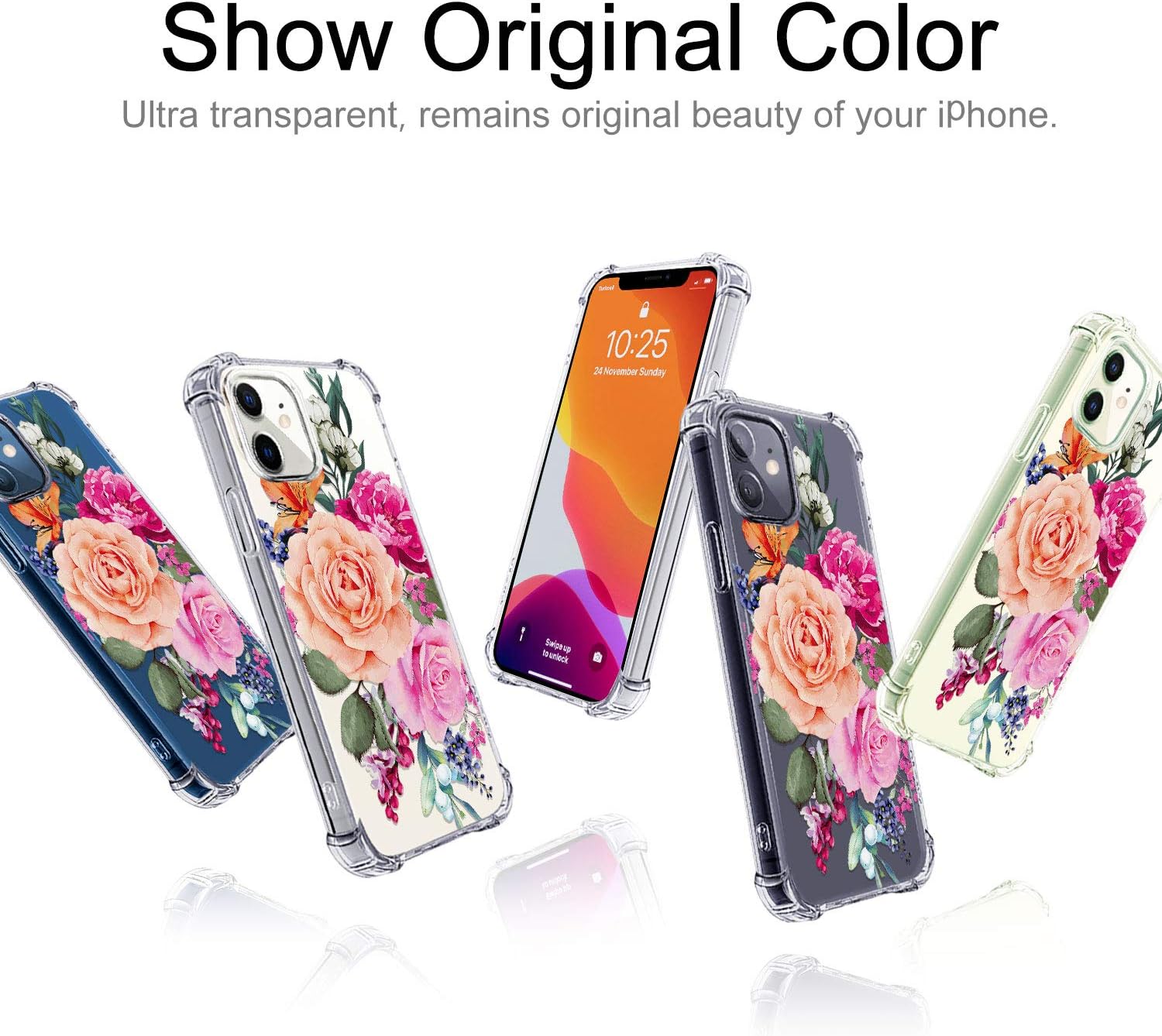 hepix Floral Case Compatible with iPhone 12 Mini 5.4 inch 2020, Pink Purple Watercolor Roses Flowers Design Case, Soft Clear TPU Stylish Slim Cute Raised Lips Anti-Scratch Shockproof Protective Case