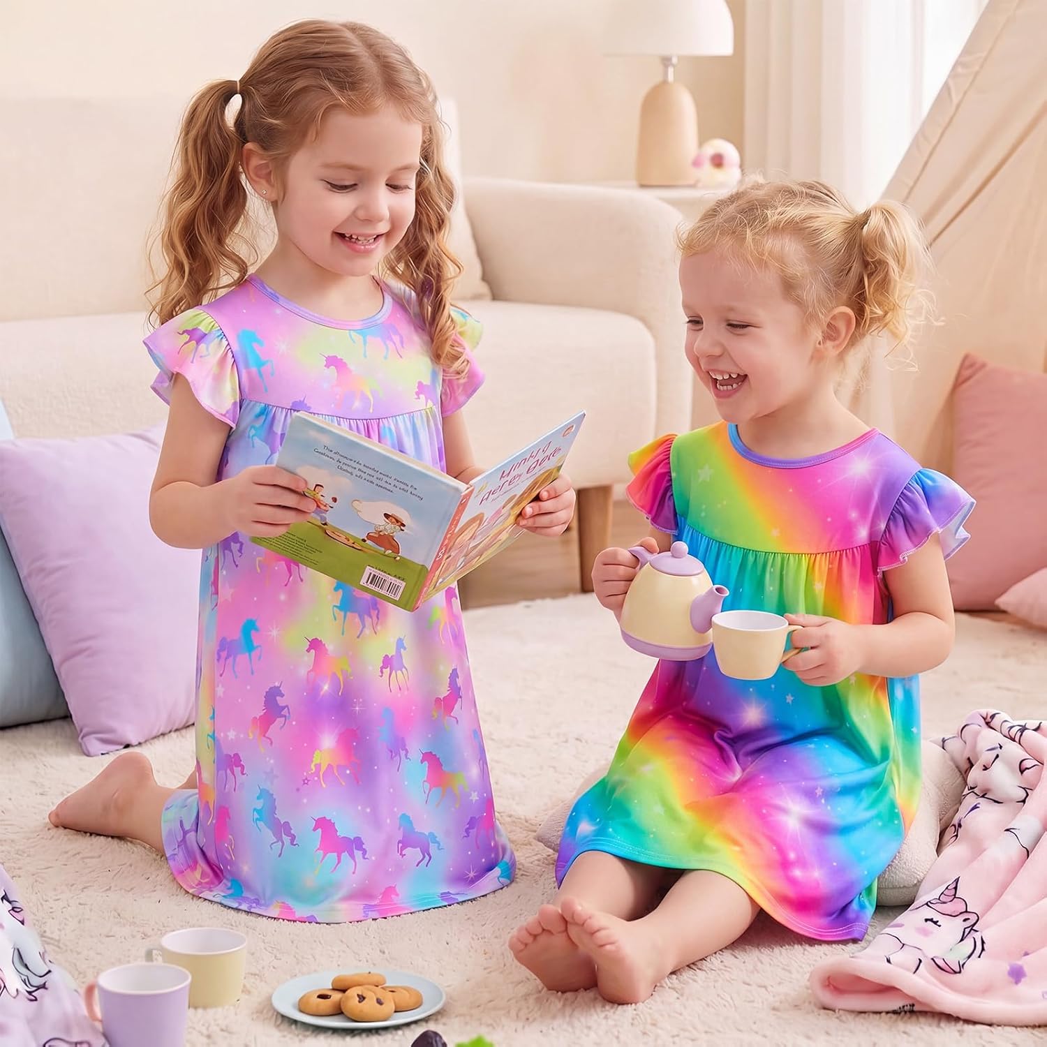 MHJY Girls Nightgown, Flutter Sleeve Princess Sleep Dress for Kids