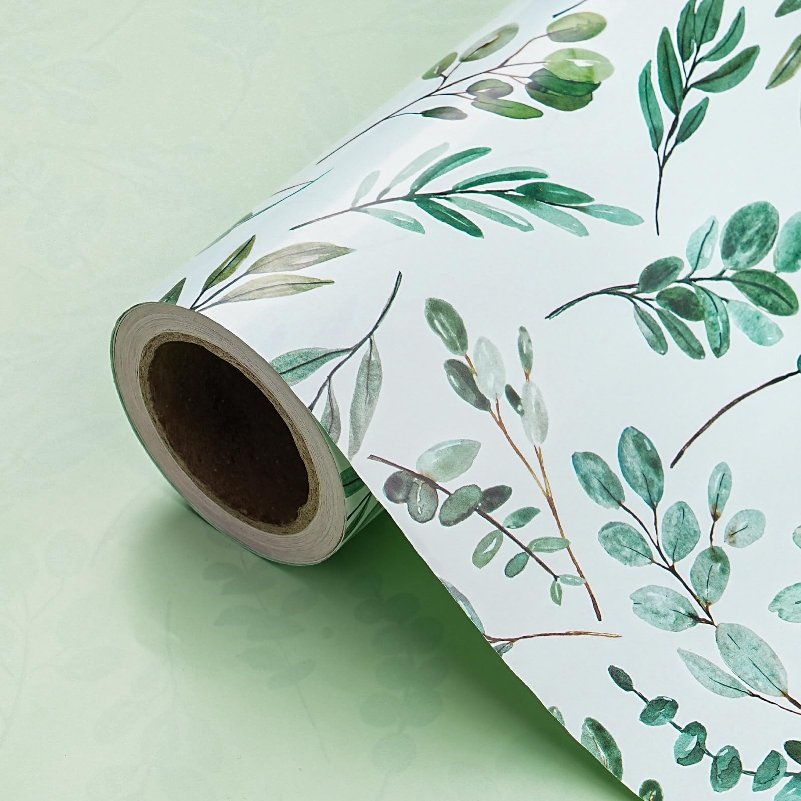 RUSPEPA Reversible Eucalyptus Leaves Wrapping Paper Roll - Mini Roll - 43.2cm x 5m - Eucalyptus Greenery and Solid Green Wrapping Paper for Birthday, Bridal Shower, Wedding, Baby Shower