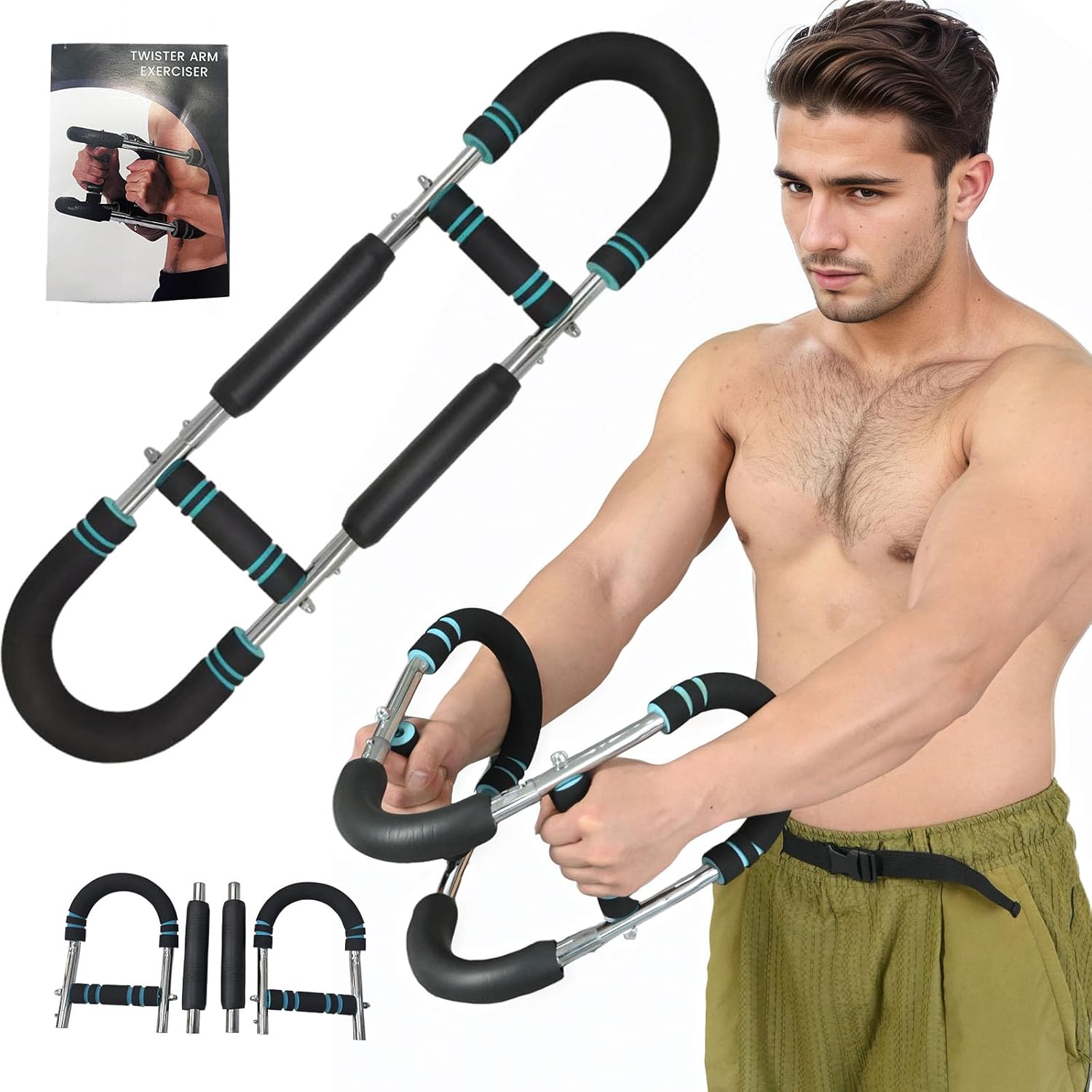 Twister Arm Trainer – 40-100lb Adjustable Chest & Forearm Workout Equipment, Portable Power Twister Bar with Detachable Spring Design, Home Gym Gear for Upper Body Muscle Training, Blue