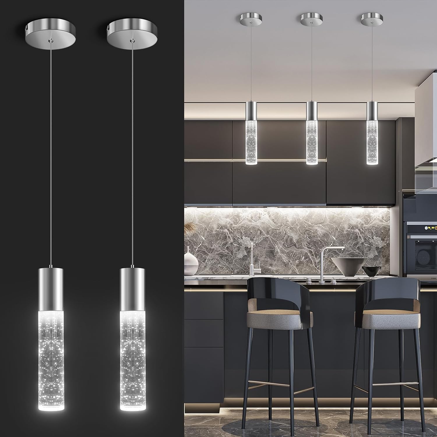 OKELI Pendant Light Fixtures, Pendant Lights Kitchen Island, Bubble Crystal Chandeliers, Contains Light Sources for Bedroom Living Room Dining Room, 6000K,6W,9.8inch/24.8cm,2Pack [Energy Class G]