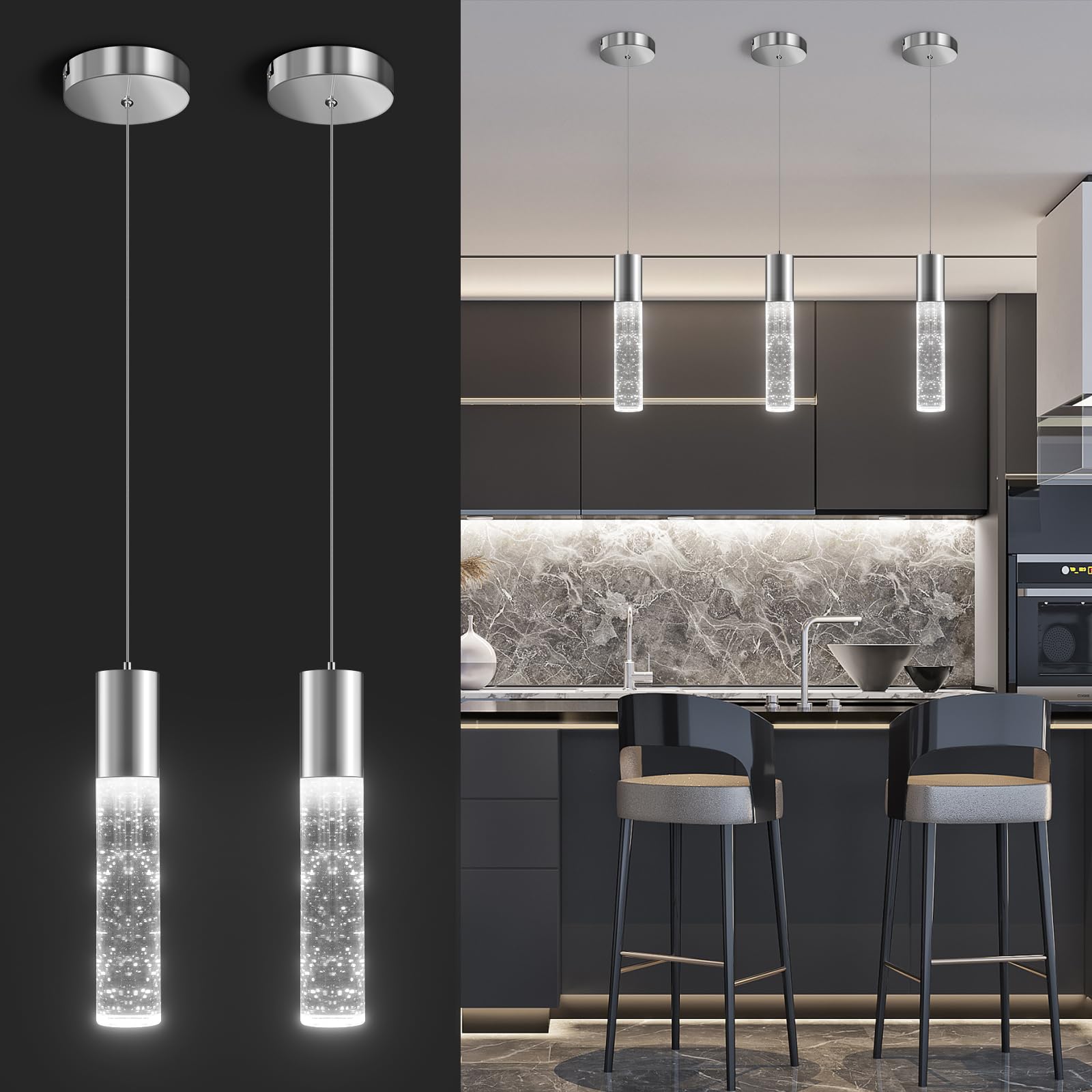 OKELI Pendant Light Fixtures, Pendant Lights Kitchen Island, Bubble Crystal Chandeliers