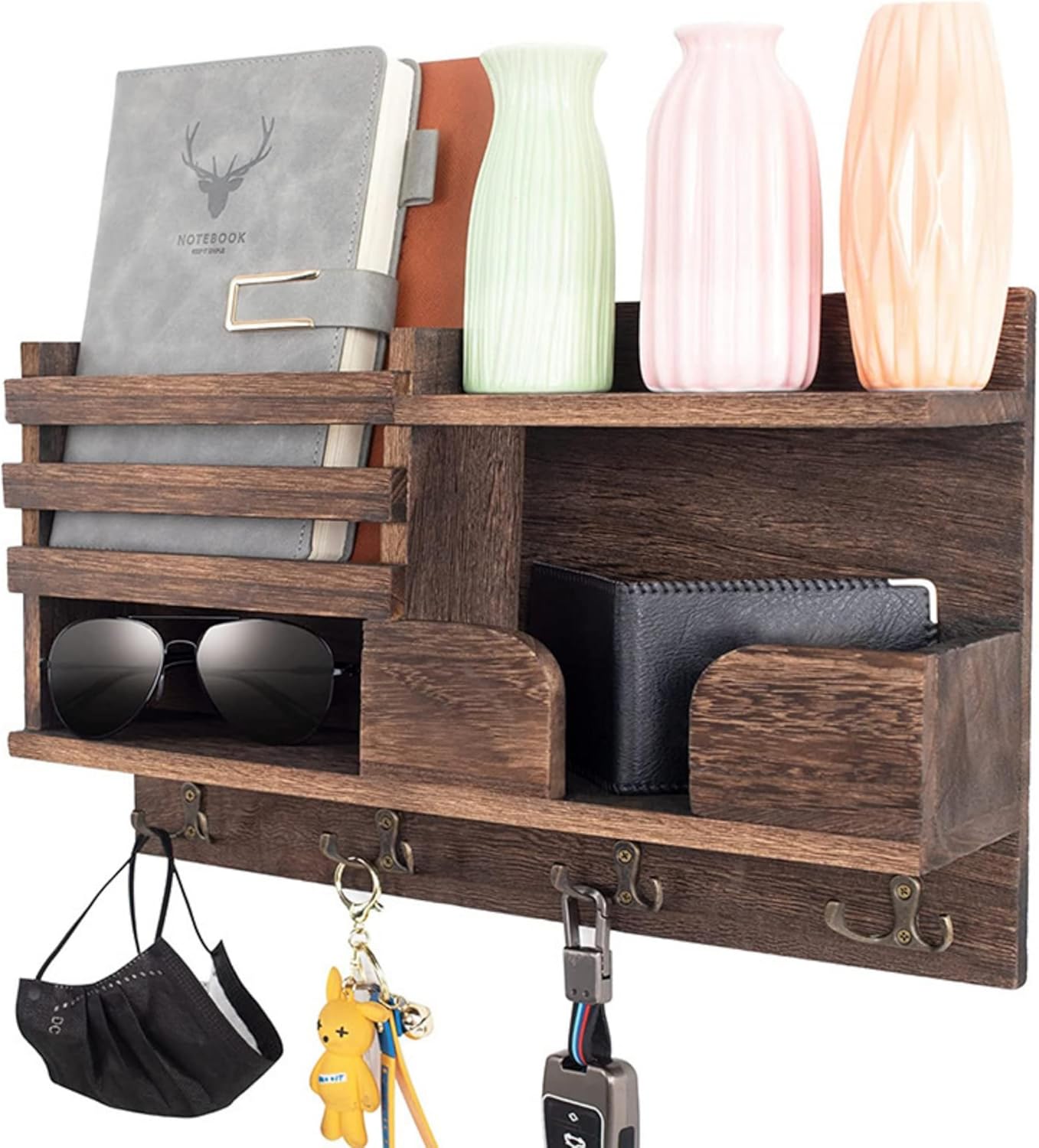 Key Holder Wall Mount, Wooden Organizer Wall Mount with 4 Double Hooks and Wallet Holder, Sunglasses and Mail Storage Rack for Entryway or Mudroom – Brown