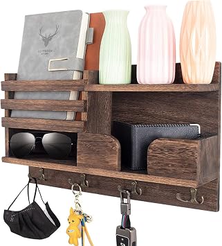 Key Holder Wall Mount, Wooden Organizer Wall Mount with 4 Double Hooks and Wallet Holder, Sunglasses and Mail Storage Rack for Entryway or Mudroom - Brown