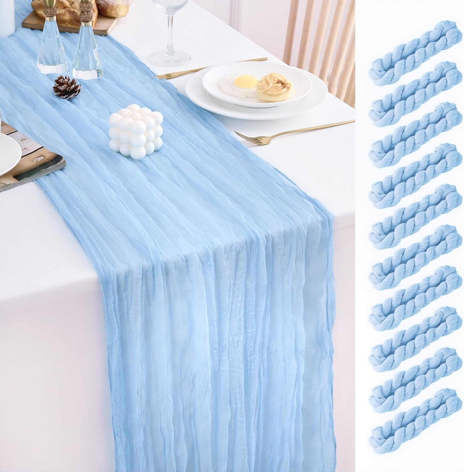 10 Pack Baby Blue Table Runner 21x120 Inch Light Blue Cheesecloth Table Runner 10FT Boho Gauze Table Runners Long Cheese Cloth Table Runner Semi Sheer Runners for Wedding Bridal Baby Shower Party