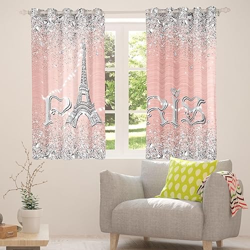 Miniatura 3 de Cortinas femeninas de la Torre Eiffel de 42 x 84 pulgadas, cortinas opacas con purpurina para mujer, cortinas románticas de diamante degradado rosa