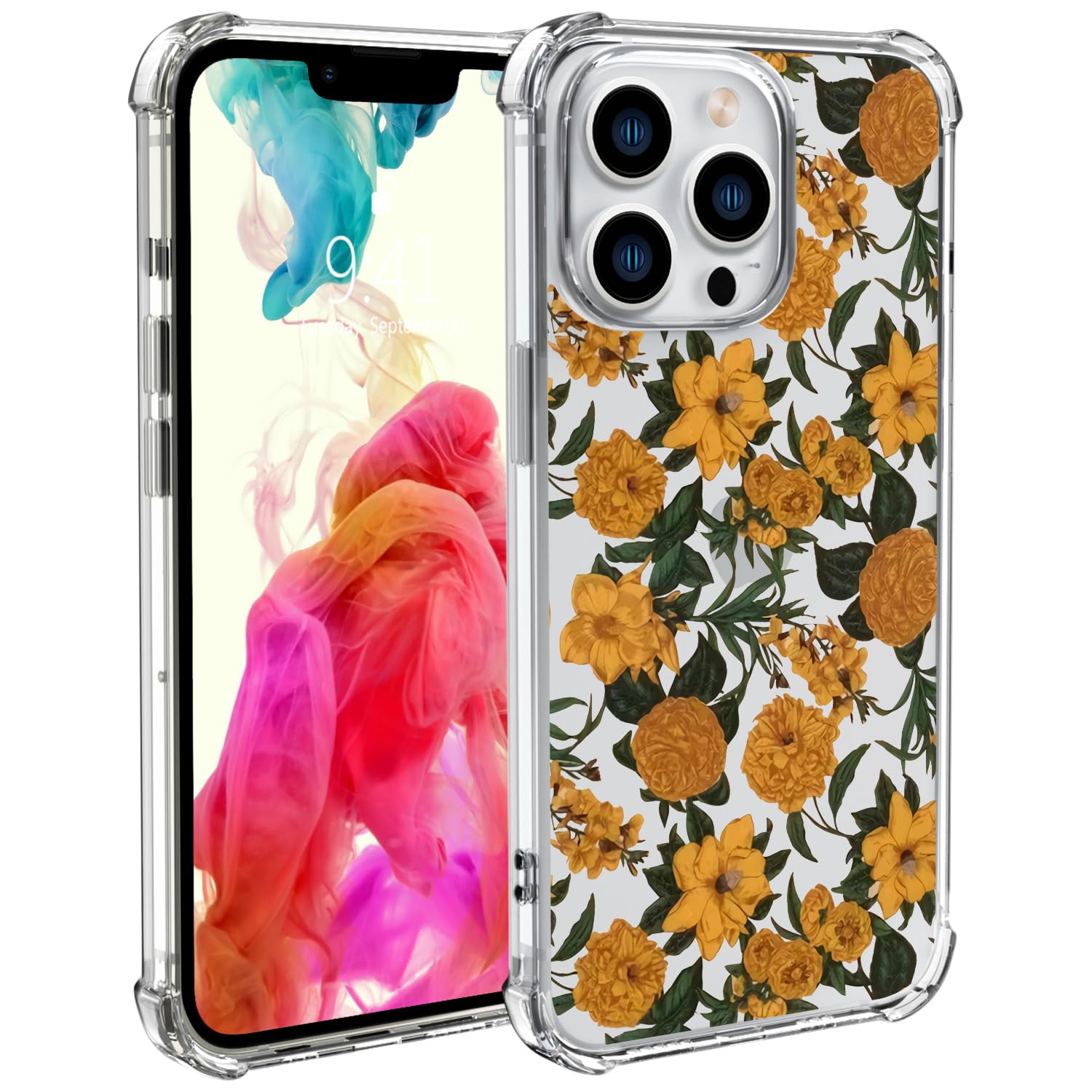 Wihytec Retro Yellow Daisy Flower Phone Case for iPhone 11 Vintage Floral Case Cover Clear Phone Case w/Four Corner Reinforced Shockproof Girly Women Phone Cover Transparent Case