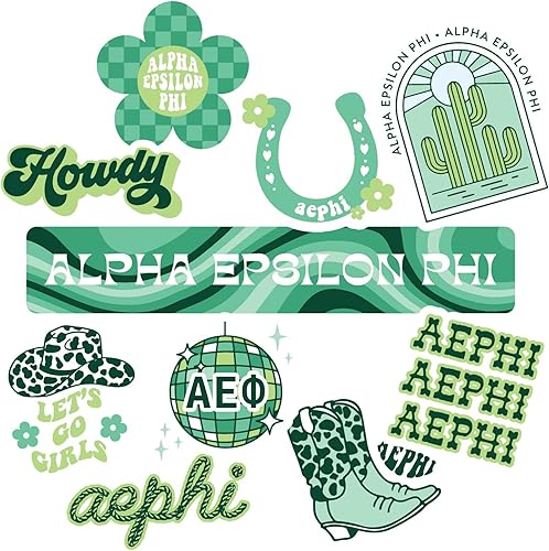 Alpha Epsilon Phi - Hoja de calcomanías de vinilo de diseño occidental con diseños oficiales, adhesivo extraíble, 10 calcomanías por hoja, por