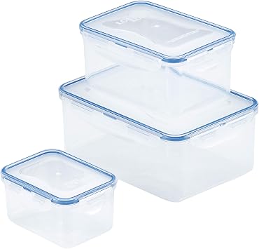 LocknLock Set of 3 Food Storage Containers with Lids Airtight, Leakproof - Rectangular Clear Plastic Food Storage Containers, Microwave & Dishwasher Safe, HPL825SJ3