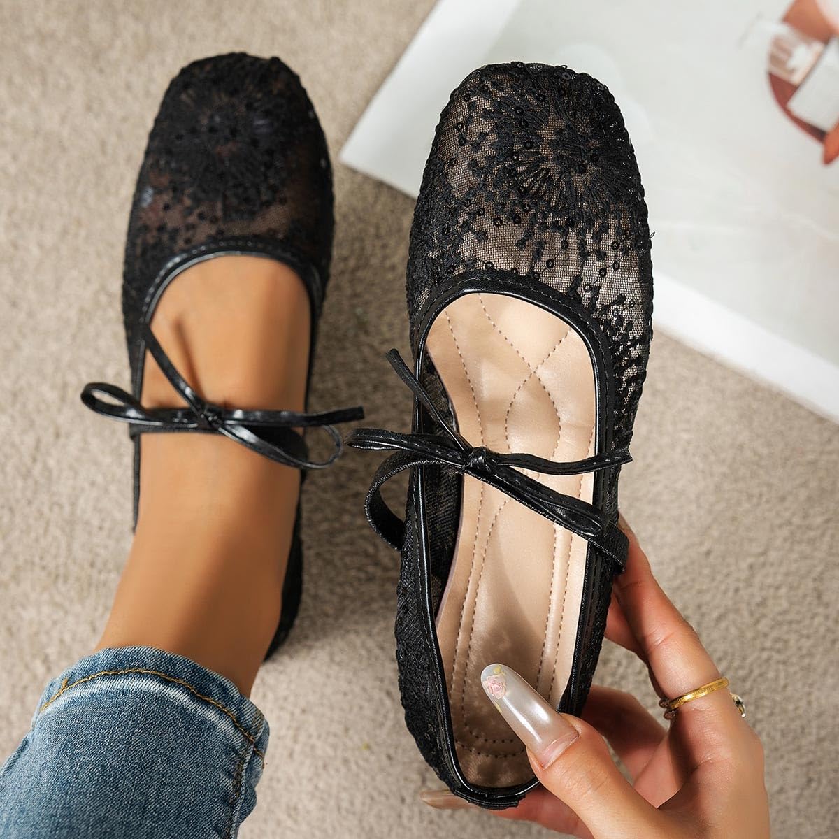 Women Sheer Lace Flats Bow Knot Strap Square Toe Mesh Ballerina Shoes Memory Foam Soft Comfy Vintage Embroidery Flats — view 5