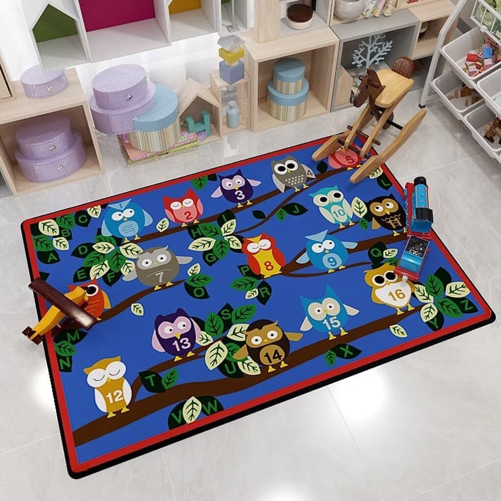 Cute Owl Alphabet Rugs 2x3 Feet for Kids Classroom Nursery Room Cartoon ABC Kids Animal Play Mat for Toddlers Non-Slip Fun Activity Entryway Mats