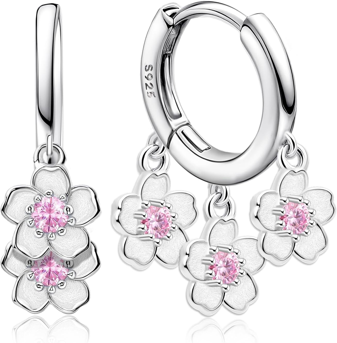 S925 Sterling Silver Cherry Blossom Huggie Hoop Earrings Pink CZ Three Sakura Flower Dangle Earrings Cute Hypoallergenic Romantic Floral Jewelry for Women Mom Girlfriend Wife Birthday