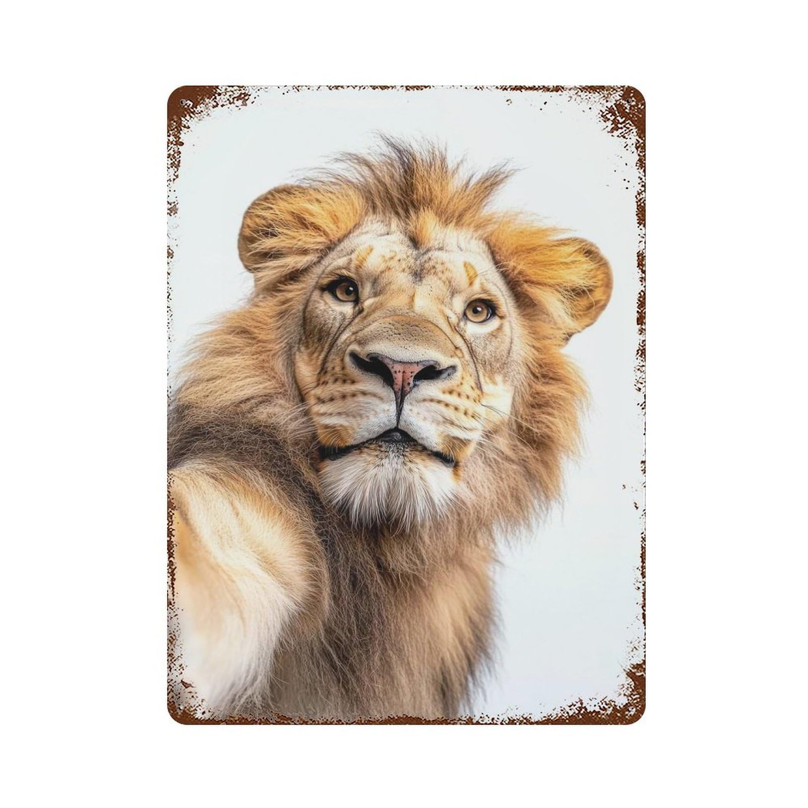 Lion Selfie 15.7"x11.8" Rust Effect Tin Sign, Rustic Home Decor for Office, Studio And Wall Decor