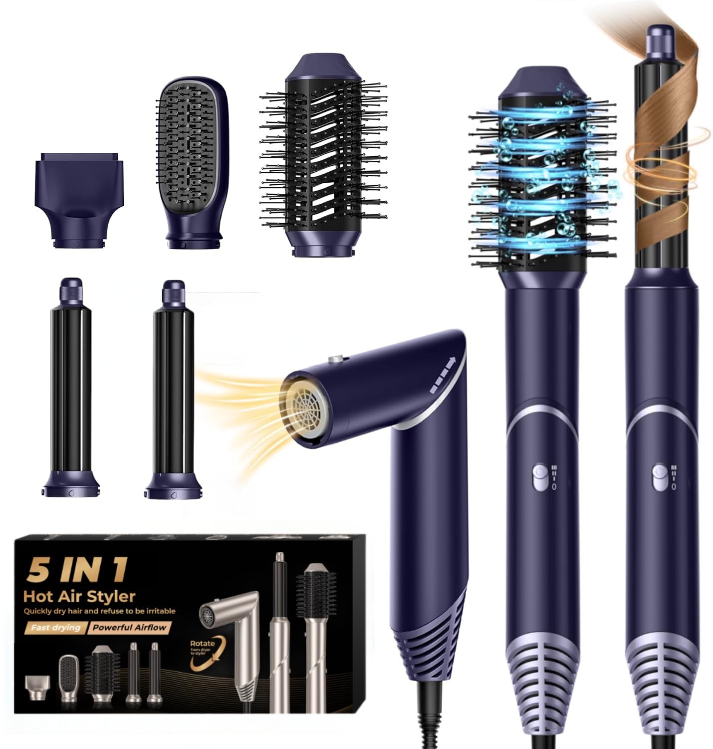 UKLISS Airstyler Spazzola Asciugacapelli Set 5 in 1 per Capelli Phon Capelli ad Asciugatura Rapida Arricciacapelli Spazzola Capelli Hairstyler Cofanetto Regalo Donna, Blu/Argentato