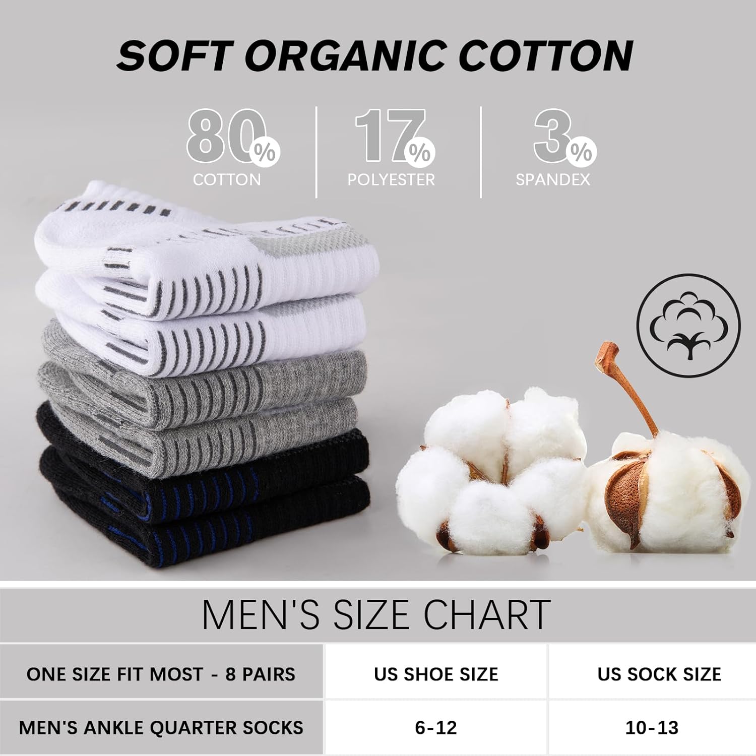 COOPLUS 8 Pairs Men's Athletic Ankle Socks Running Cushioned Cotton Quarter Sports Socks - Image 3