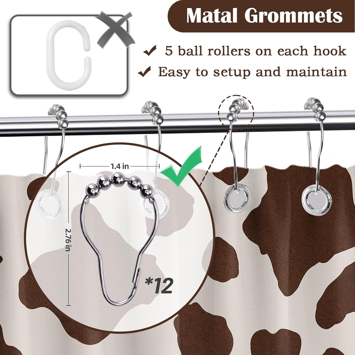 Cow Print Shower Curtain Brown and Beige Farm Animal Shower Curtains for Wester Bathroom Decor Sets, Waterproof Cloth Fabric with Hooks, 70x72 in