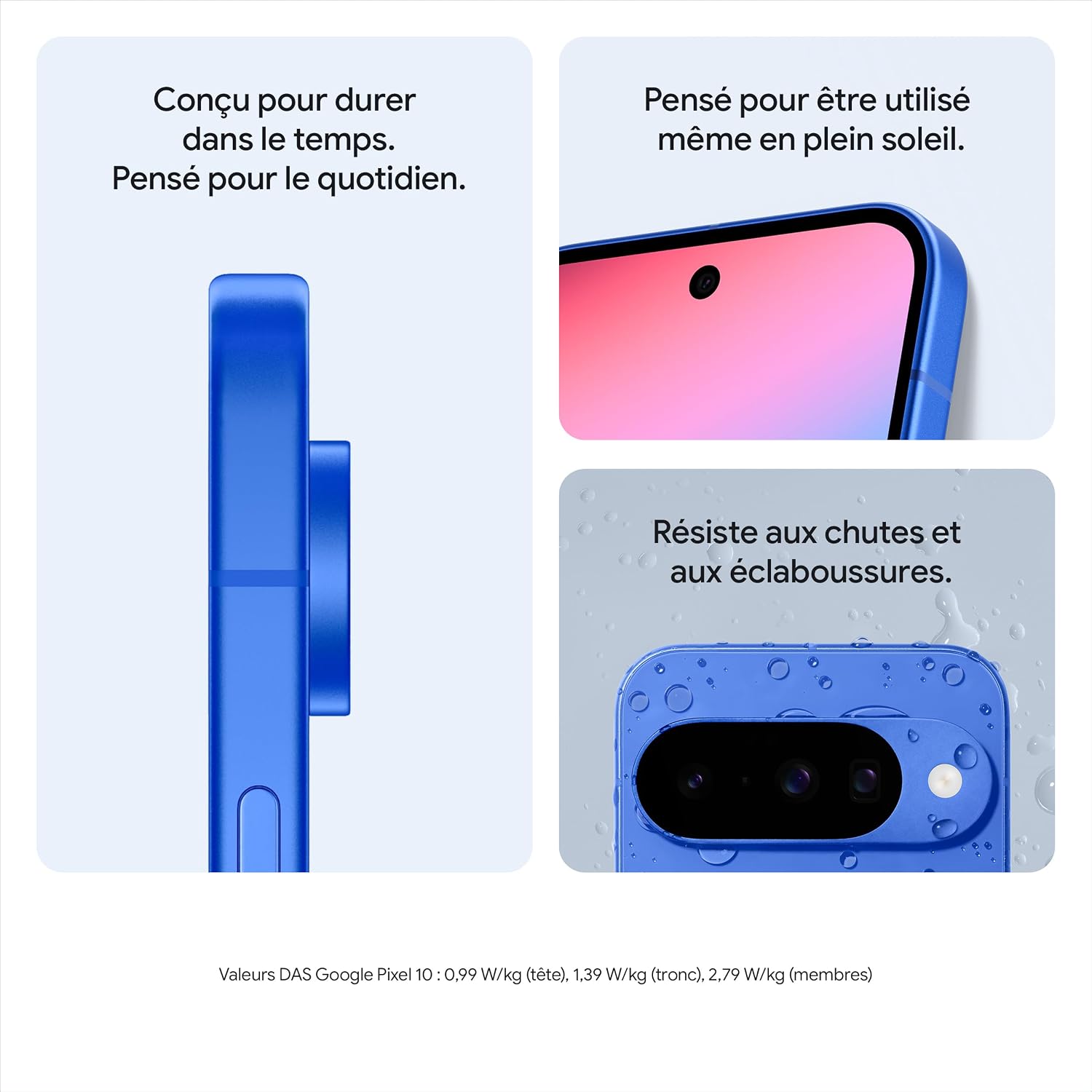 Contenu de la boîte du Pixel 10, montrant le smartphone, le câble USB Type-C et la notice d'utilisation