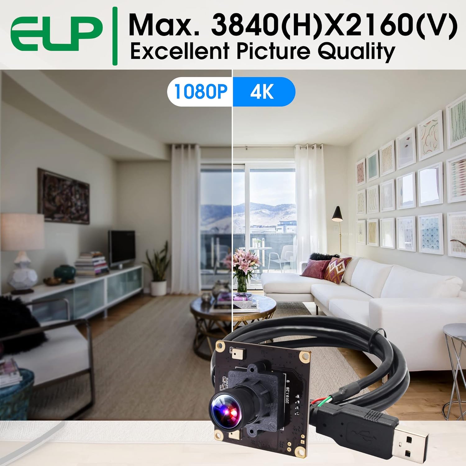 ELP 4K USB Camera Module with Microphone for Computer - 8MP Industrial Lightburn Camera IMX317 - 100 No Distortion Lens
