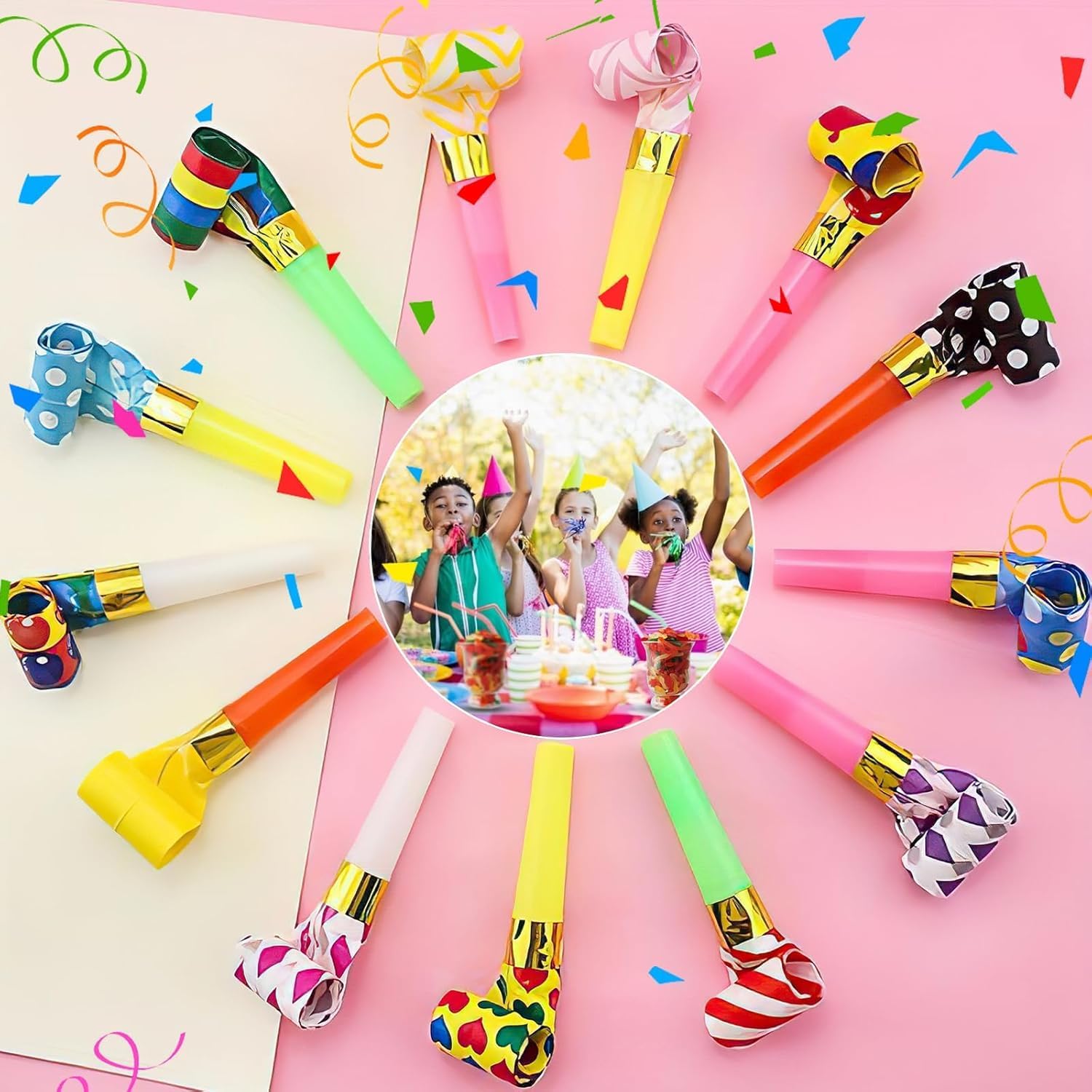 FI - FLICK IN 50pcs New Colorful Polka Dot Blowouts Paper Blow Outs Noise Makers Whistle Horn Cheering Props Birthday & Kids Party Supplies (Multicolor) - Image 4 thumbnail