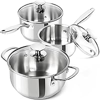 Michelangelo 6-Pc Stainless Steel Saucepan Set 1QT 2QT 3QT with Lids - Induction Ready Tri-Ply Dishwasher Safe