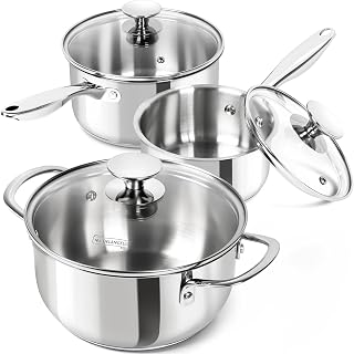Michelangelo 6-Pc Stainless Steel Saucepan Set 1QT 2QT 3QT with Lids - Induction Ready Tri-Ply Dishwasher Safe