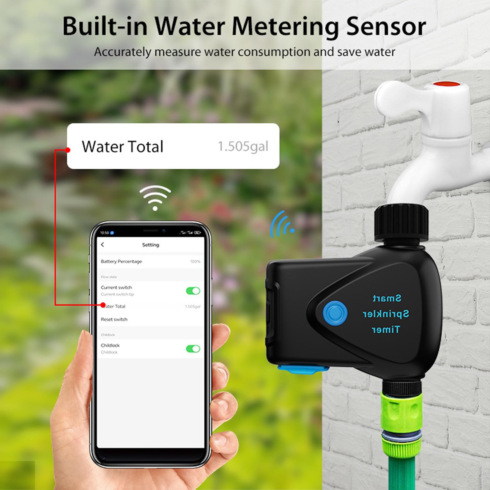 Yosoo Health Gear Temporizador de Aspersor Inteligente ABS WiFi Temporizador de Agua 2,4 GHz con Medidor de Flujo Retardo de Lluvia Controlador de Riego Alimentado por Batería para Riego de Manguera