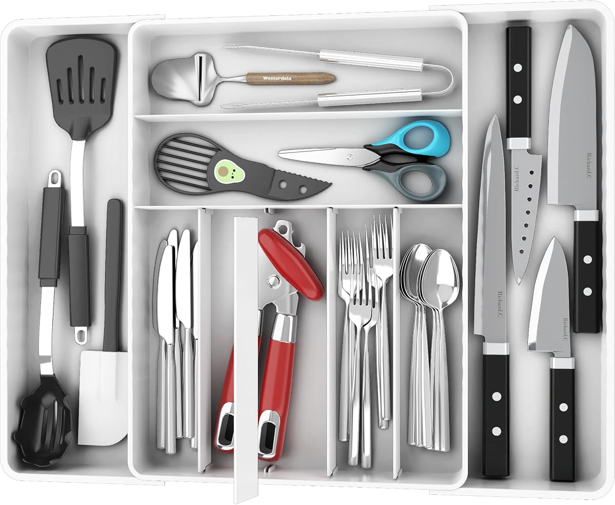 Organizador de cubiertos con cajón de cocina expandible Simple Houseware, blanco | Organizador de cajones para cubiertos expandible y ajustable: bandeja grande para utensilios y cubiertos para cajones de cocina