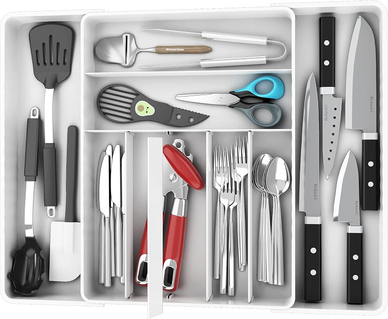 Organizador de cubiertos con cajón de cocina expandible Simple Houseware, blanco | Organizador de cajones para cubiertos expandible y ajustable: bandeja grande para utensilios y cubiertos para cajones de cocina