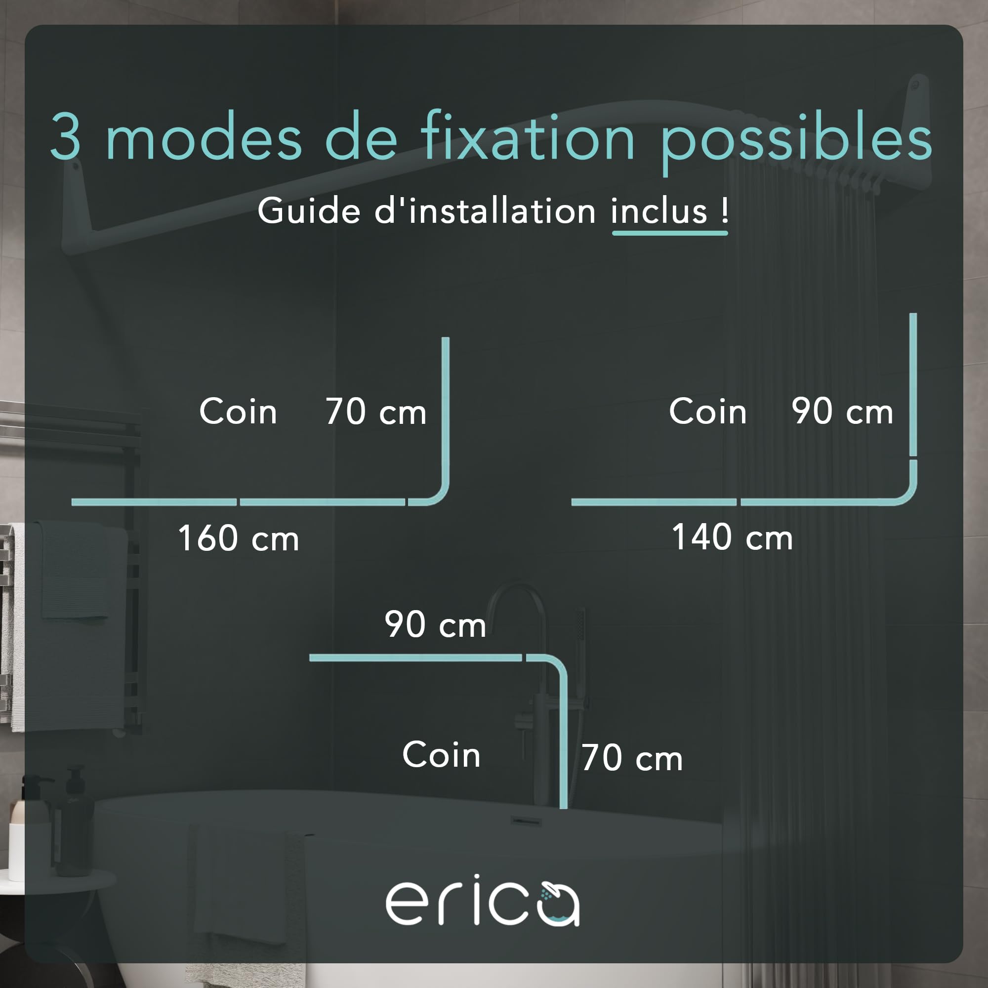 Erica Tringles de Rideau de Douche pour angle. 70x90/70x160cm Fixation pour Coins ou Baignoire, Barre de Rideau de Douche sans Support au Plafond, Revêtement en Poudre, 100% Inoxydable. Noir.