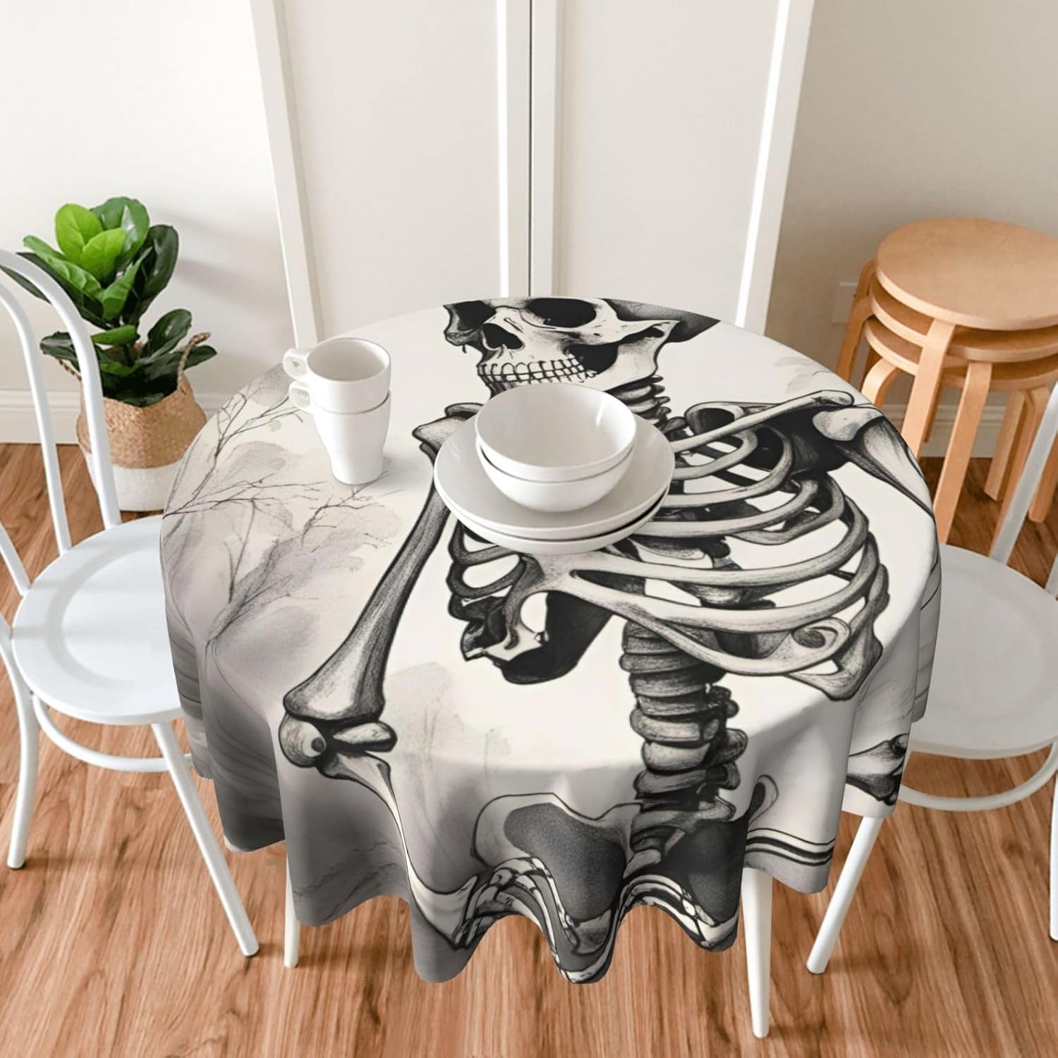 Interesting Skeleton Print Wrinkle Free Dining Table Cover for Birthday Party Farmhouse Tablecloths Up to 60 x 60 Inches