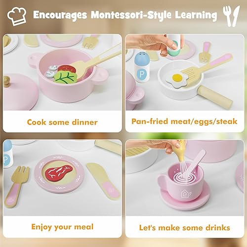 Miniatura 3 de Juego de platos y platos de madera para cocina, 30 piezas Montessori Play Accesorios de cocina para niños pequeños con ollas y sartenes de juguete,
