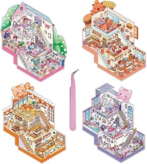 4 Sets Large 3D Sticker Scene Fun DIY 3D House Stickers Cute Make Your Own House Stickers for Adults Paint by Sticker Third Floor Library Café Castles Game Arcade